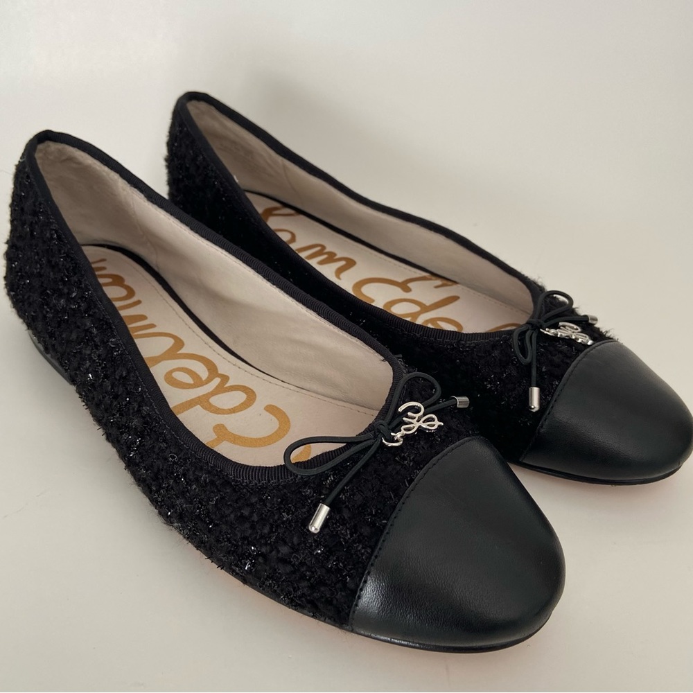 EUC Sam Edelman Womens Sara Black Tweed Bow Cap Toe Ballet Leather Flats